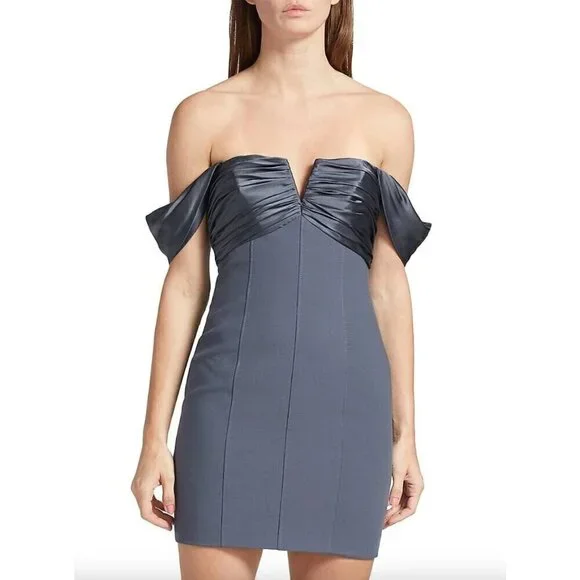 CINQ À SEPT Teo Ruched Satin Sheath Mini Dress Blue Womens Size 14 - Picture 2 of 12